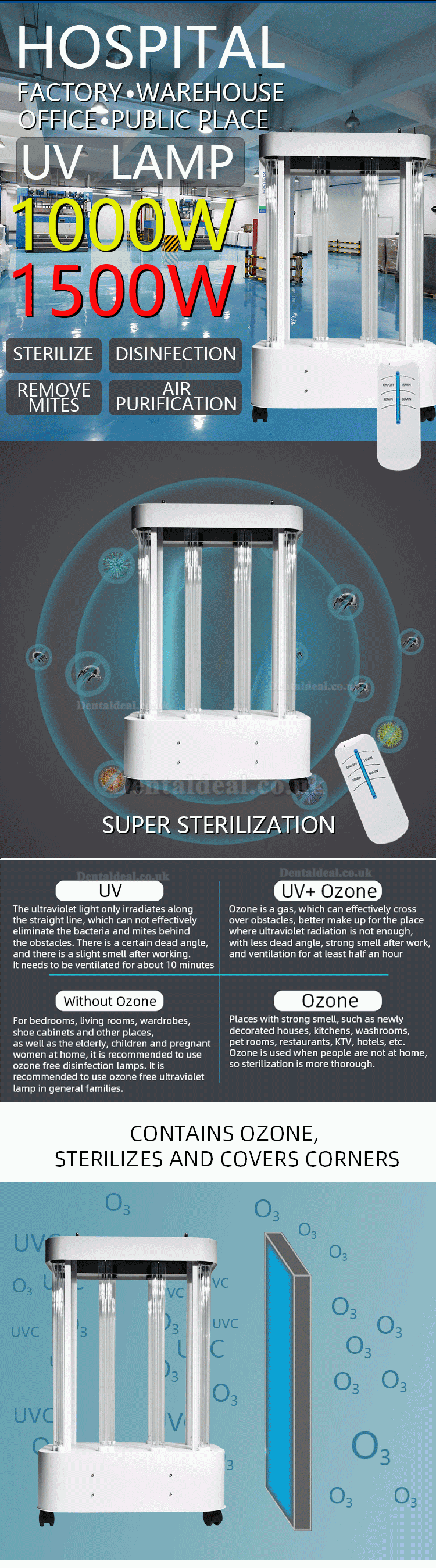 1500W Large Space UV Room Disinfection Lamp Mobile UVC Light Sterilizer for Factory Hospital