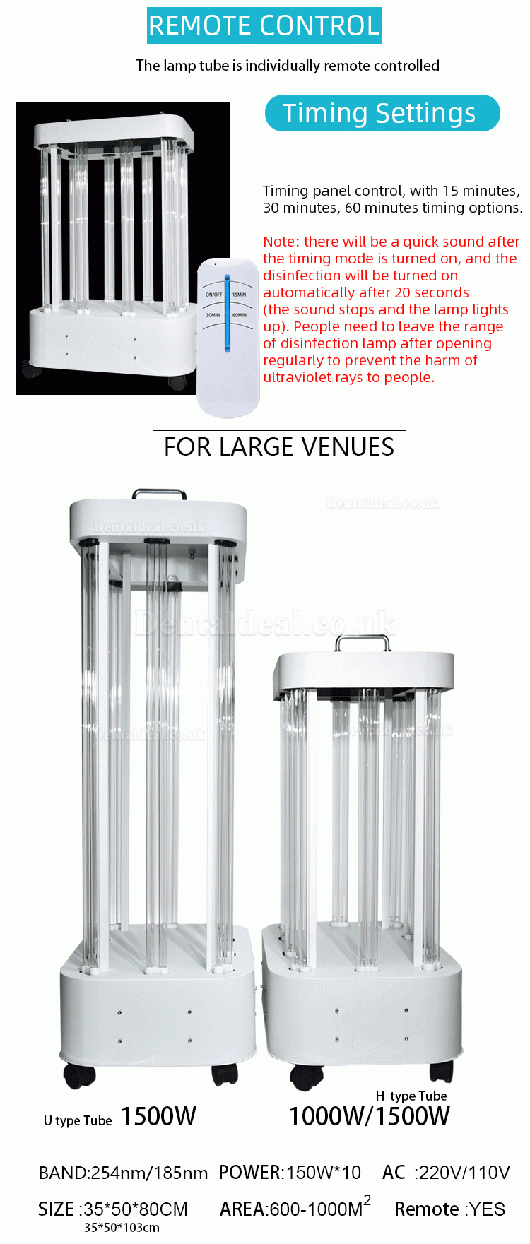 1500W Large Space UV Room Disinfection Lamp Mobile UVC Light Sterilizer for Factory Hospital