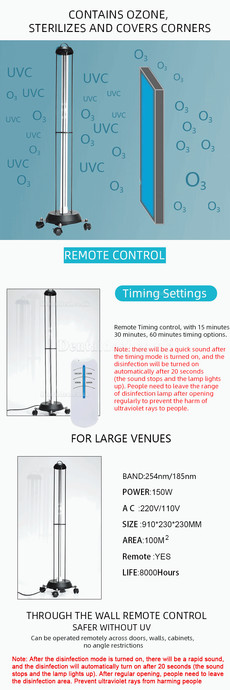 150W Commercial UV Light Sanitizer Mobile Ultraviolet Trolley Germicidal Lamp UVC Room Sterilizer with Radar Sensors